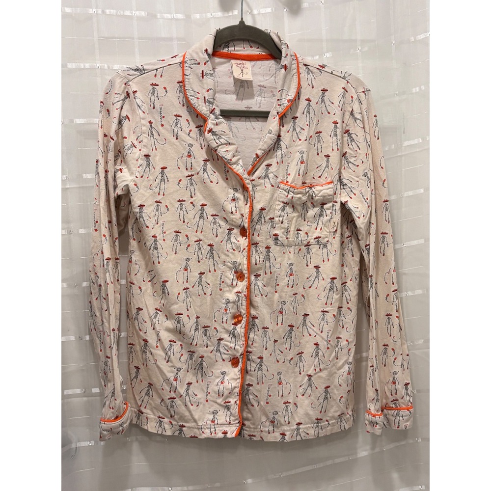 Munki Munki Sock Monkey Pajama Top Cream Orange Piping Button Up Sleep Shirt S